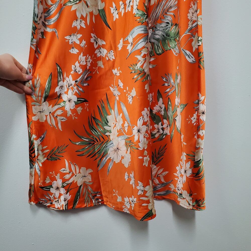 Paper Heart Silky Maxi Dress M Orange Floral Cowl Neck High Slit Garden Party - Picture 9 of 16